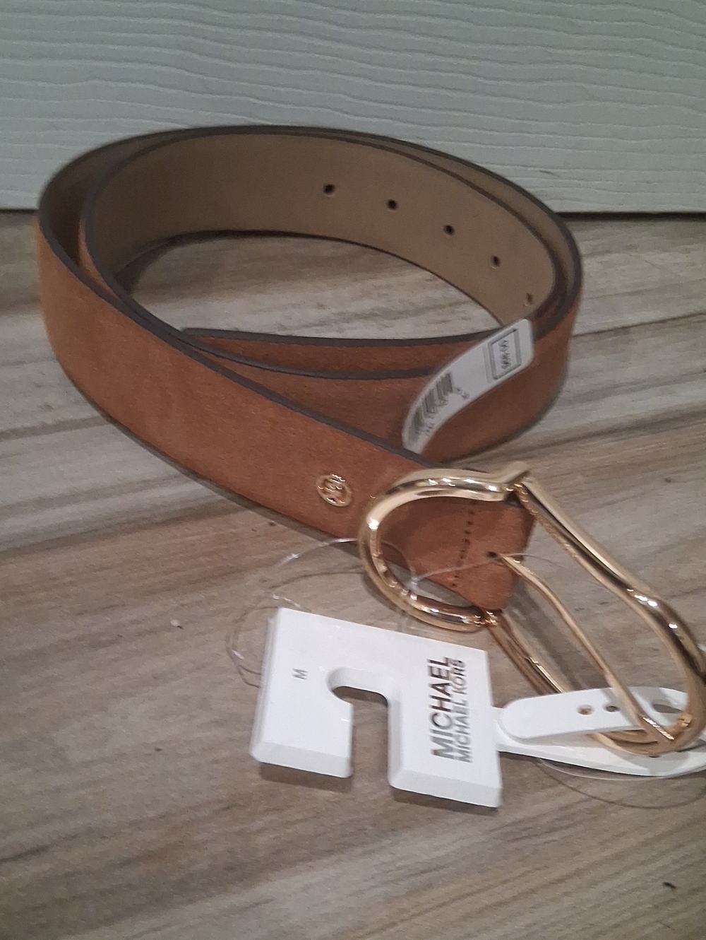 Michael Kors Brown Leather Belt with Gold-Tone Signature Buckle